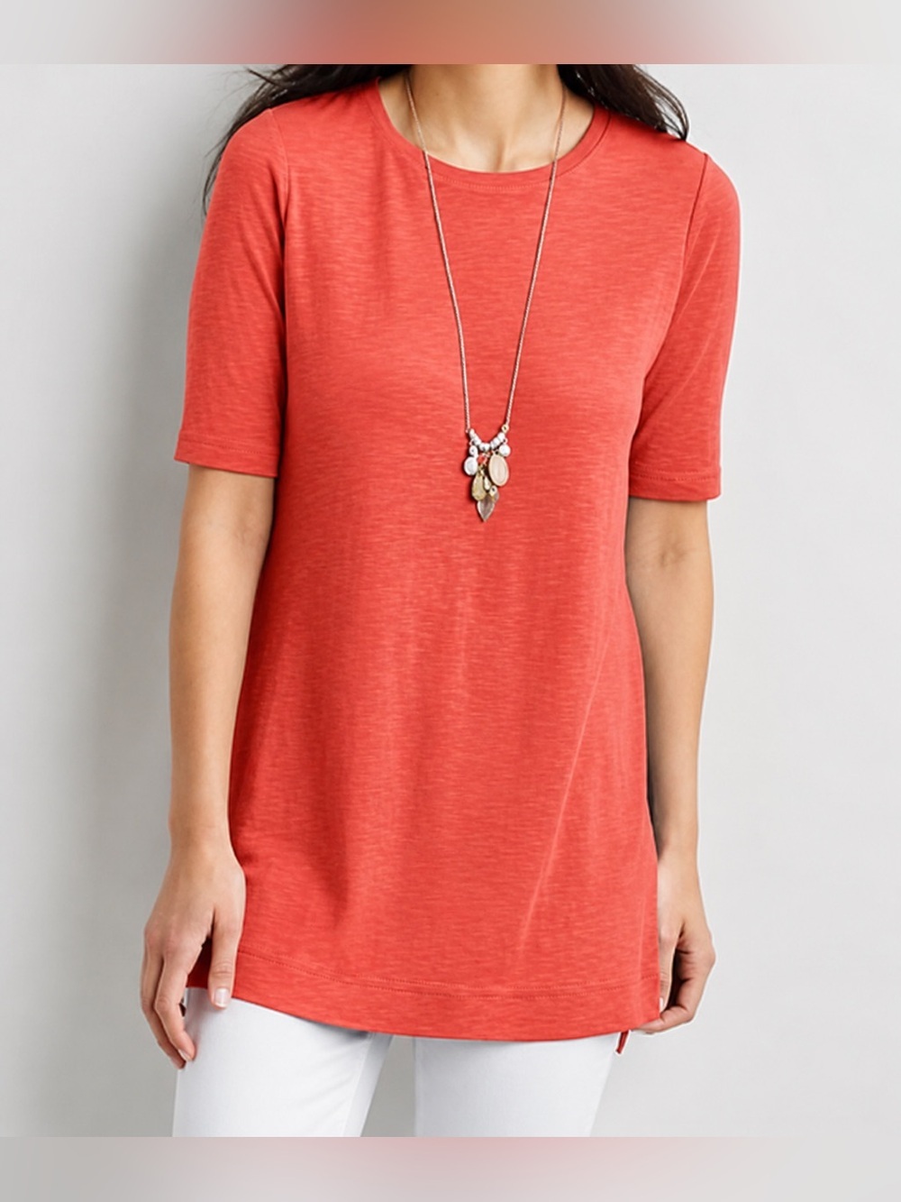 J Jill Pima Cotton Shirttail Tunic Coral Short Sleeve Crewneck Tee Shirt Size LG